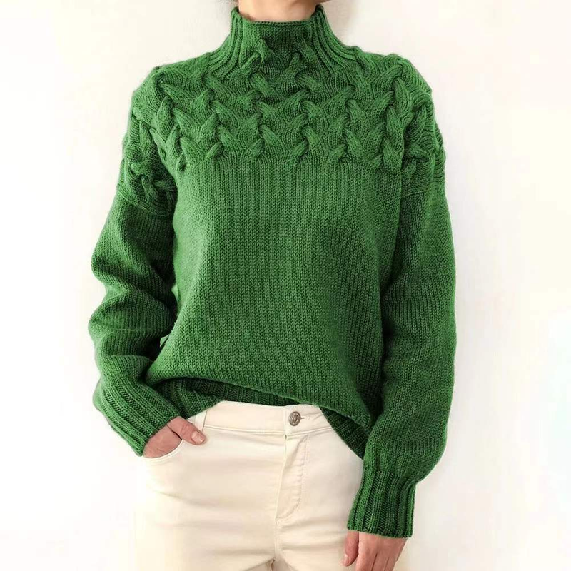 Women's casual long-sleeved turtleneck solid color sweater pullover_voghion.com