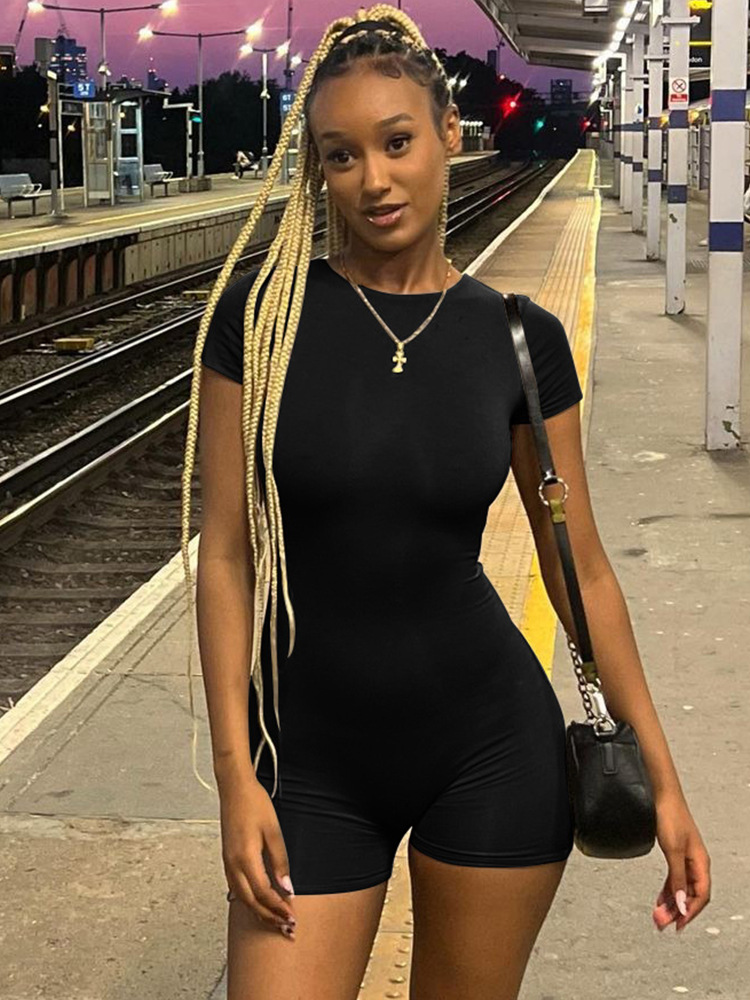 Übergroße Shorts mit hohem Stretchanteil für Damen, rückenfrei, eng anliegend, kurzärmlig für Sport und Freizeit, vielseitiger Overall_voghion.com