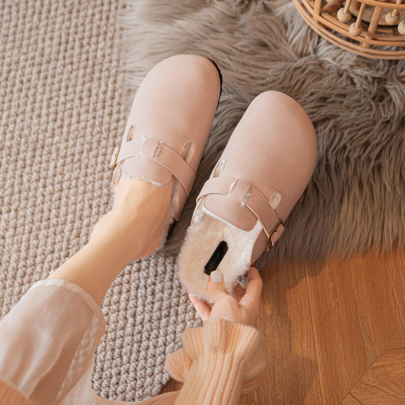 2023 Winter New Outsider Wearing One Foot Plush Slippers Women's Bag Head Half Slippers Cotton Shoes_voghion.com
