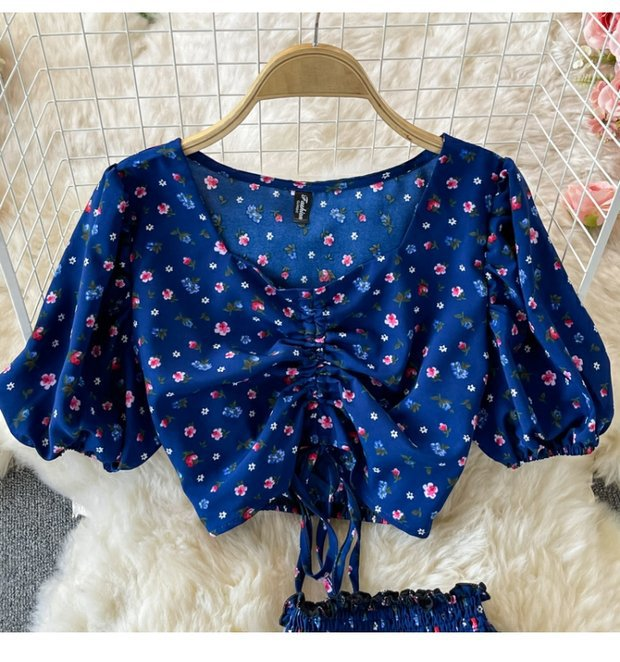 Gonna a trapezio con vita alta da donna, gonna floreale fresca, abito due pezzi, camicia corta in chiffon, estate_voghion.com