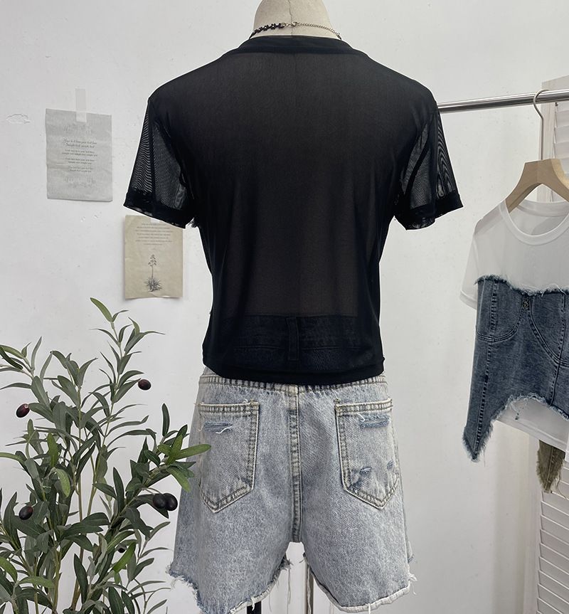 Damenbekleidung Real Shot Denim Splicing Mesh Kurzarm-T-Shirt Sommer Modisches unregelmäßiges kurzes Slim Fit-Oberteil mit hoher Taille_voghion.com