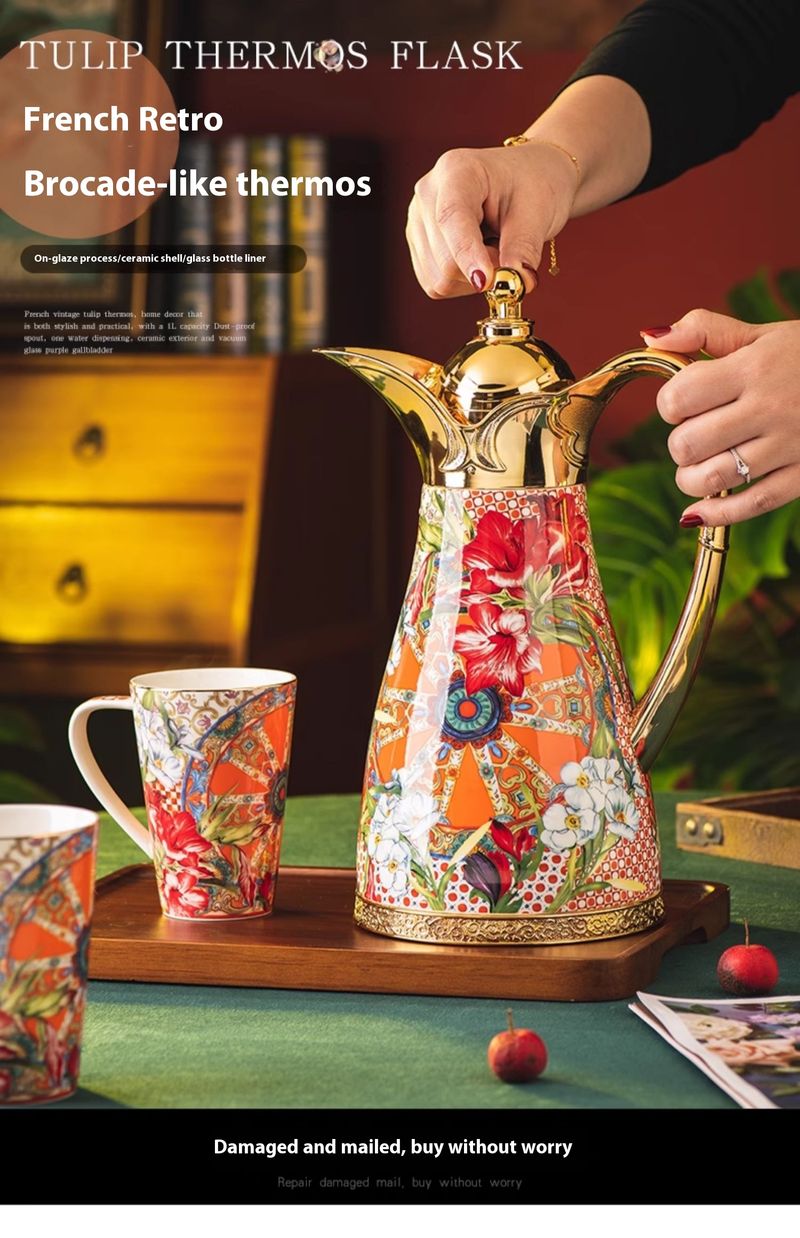 Teiera con bollitore floreale, grande capacità, thermos domestico, rivestimento interno caldo, bottiglia d'acqua bollente isolata_voghion.com