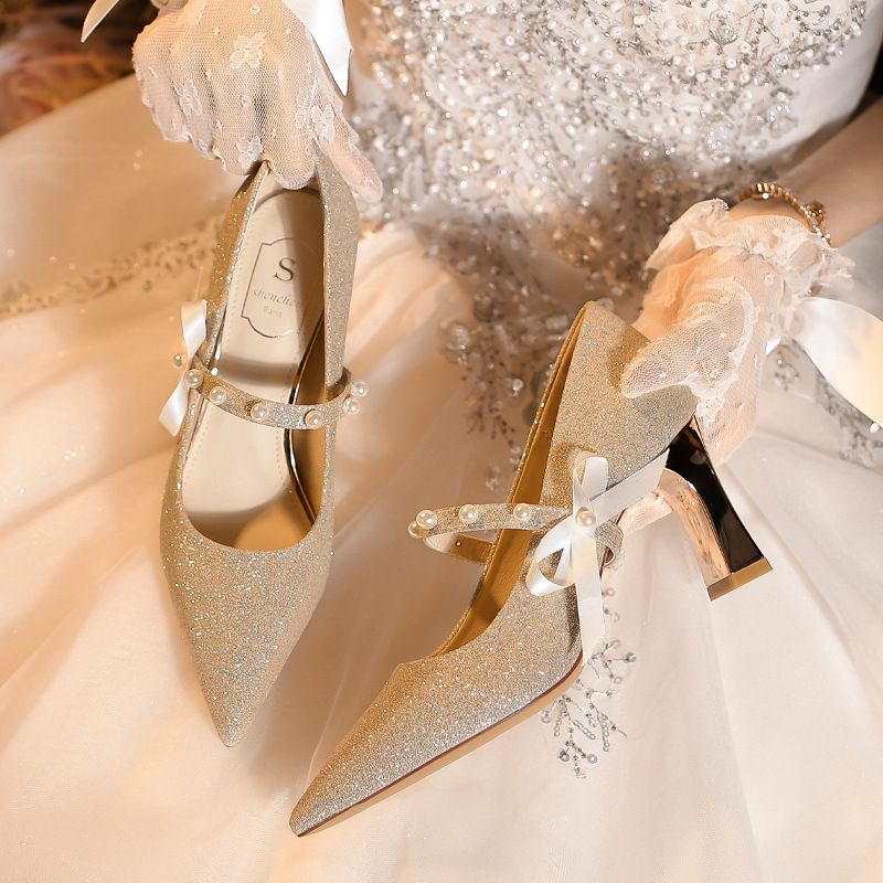 Bow High C735-1 Champagner Heels Neue Zeremonie für Erwachsene im französischen Stil, klobiger Absatz, spitze Zehenpartie, Abendschuhe, Größe 32-32-_voghion.com