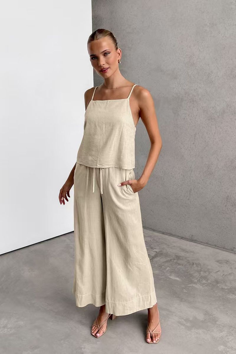 Pantaloni con bretelle in cotone e lino, estivi, europei e americani, 2025, comodi e larghi, casual, set da due pezzi_voghion.com