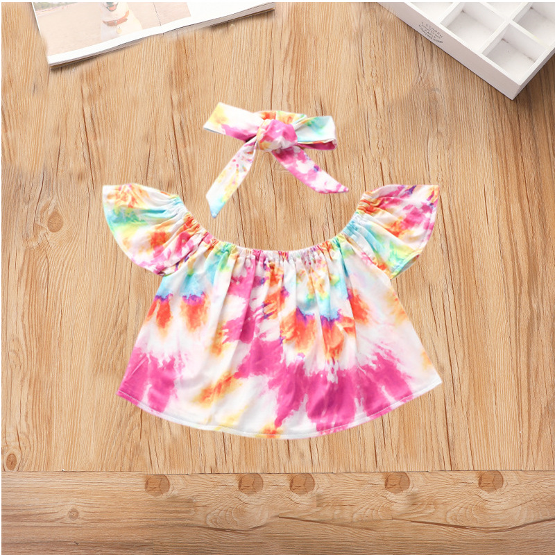 Vêtements pour bébés filles, haut à manches courtes, teinture par nouage, denim évasé, costume trois pièces bleu, pantalon pour filles_voghion.com