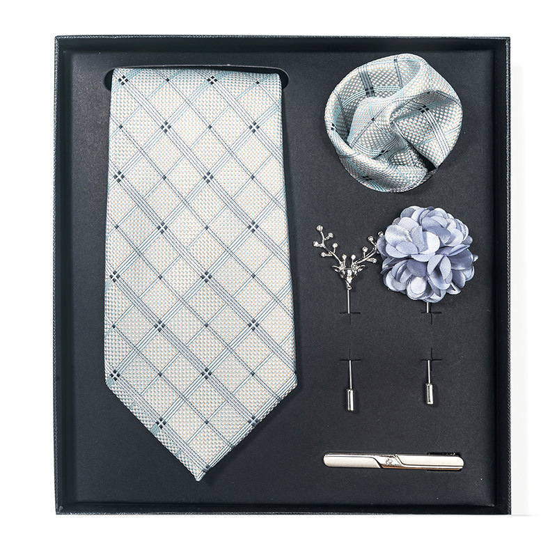Set da uomo alla moda in tinta unita a righe con anacardi, confezione regalo da 6 pezzi, set con corsetto con fermacravatta e sciarpa quadrata_voghion.com