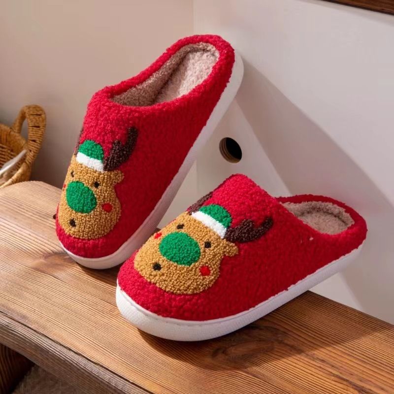 Neue Weihnachtsbaum-Baumwolle für Paare, Herbst und Winter, weiche Sohle, warme Fleece-Hausschuhe für Eltern und Kinder_voghion.com