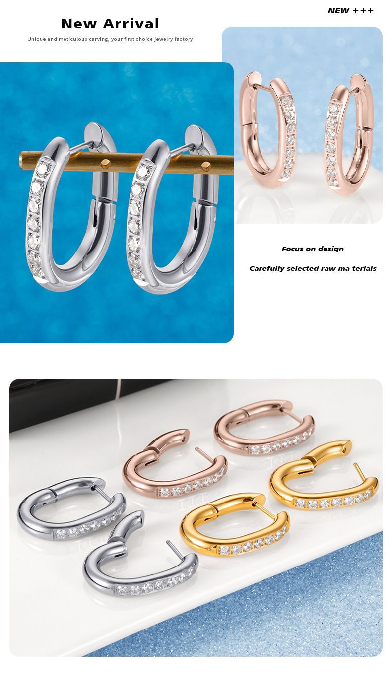 Eleganti orecchini tondi alla moda in oro rosa con anello rotondo, semplici orecchini in acciaio inossidabile con sette diamanti intarsiati esagerati_voghion.com