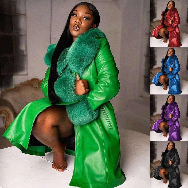 Cappotto lungo invernale da donna in PU elegante con collo in pelliccia, taglie forti, chiusura con cerniera color oro, Hine_voghion.com