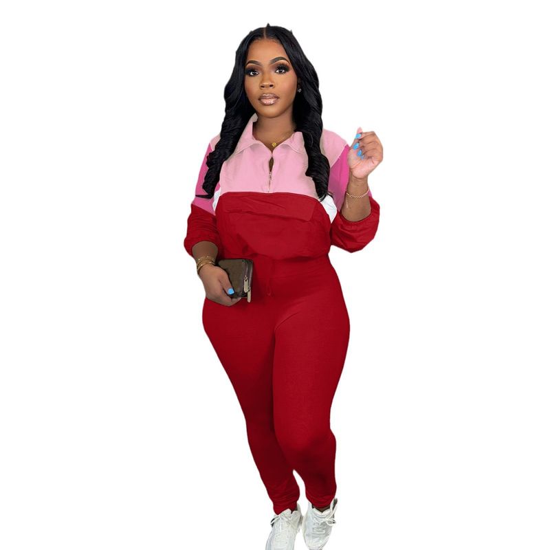 Women's Clothing Autumn Contrast Color Suit Zipper Color Block Sweater Tights Sports Two Piece Suit_voghion.com