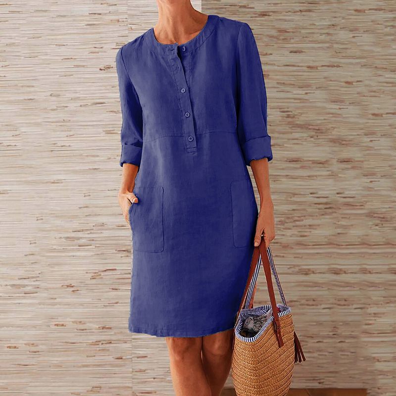 Abito da donna in cotone e lino con scollo rotondo e maniche lunghe_voghion.com
