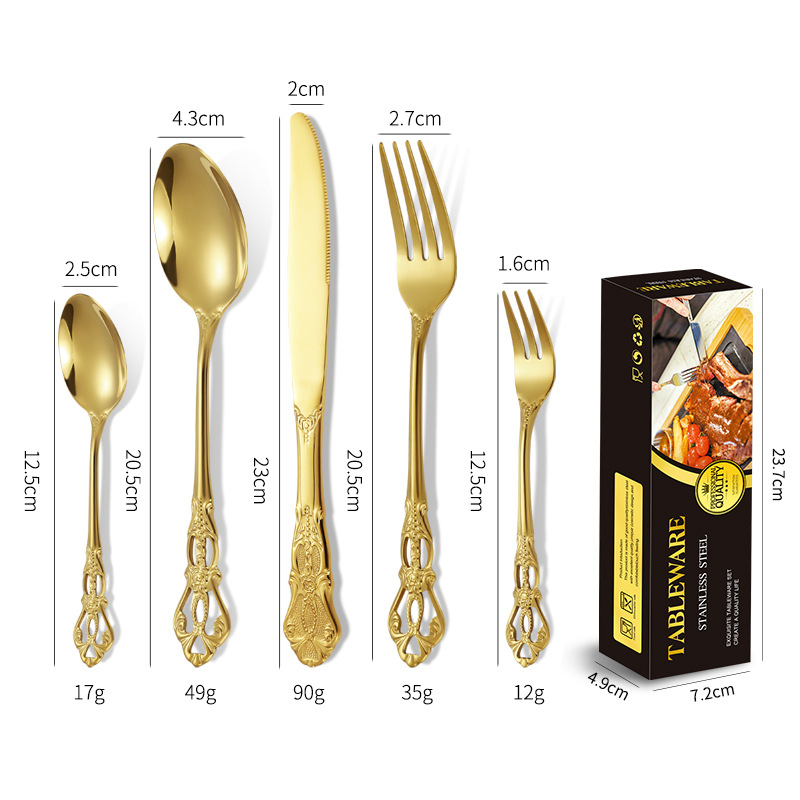 Royal Edelstahl-Set aus Messer, Gabel und Löffel, grenzüberschreitendes 20-teiliges Set für 4 Personen, Retro-Steakmesser mit Hohlrelief, europäischer Stil_voghion.com