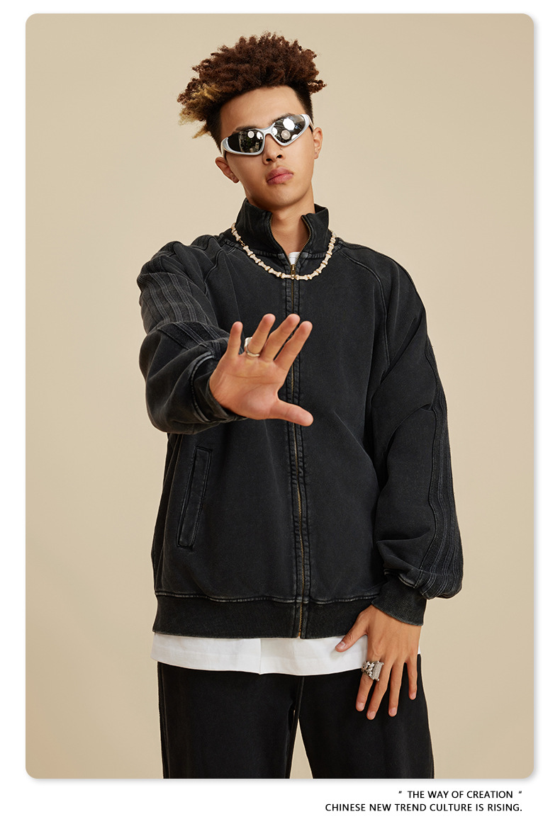 Men's Washed Bijoux Insert Zip Jacket Vintage Street Sweatshirt_voghion.com