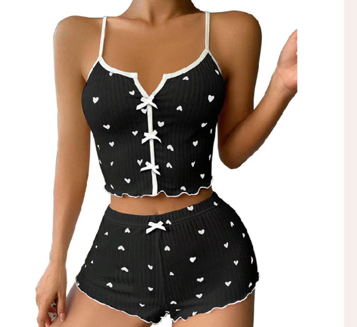Uyku Giysileri Yeni Ürünler Kalp Şeklinde Baskılı Kontrast Renkli Ev Giysileri Ön Yırtmaçlı Askılı Pijama Takımı_voghion.com