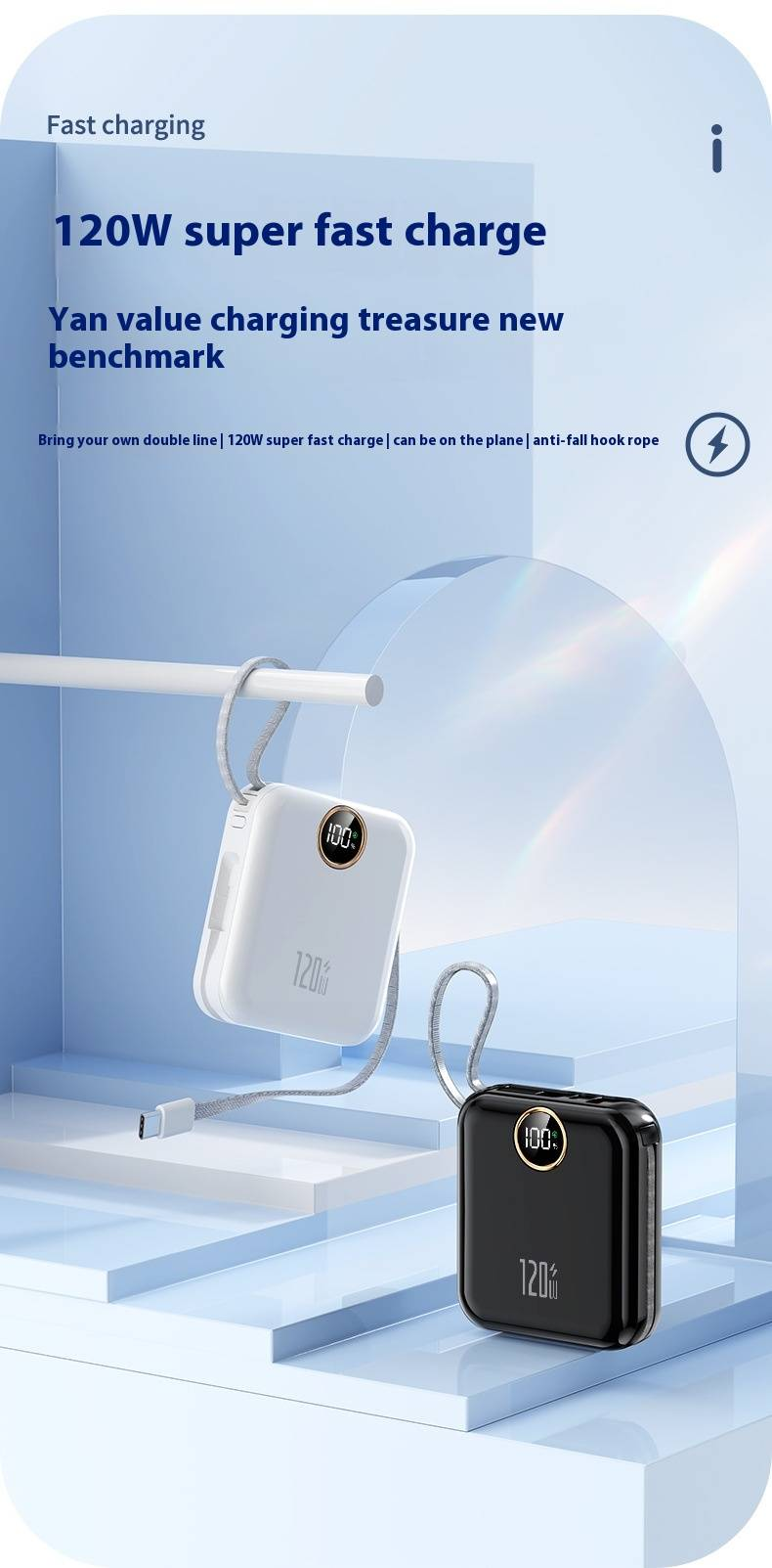 10000mAh Power Bank With Built-in Cable - 120W Super Fast Charging, Portable & High Capacity (Best Seller)_voghion.com
