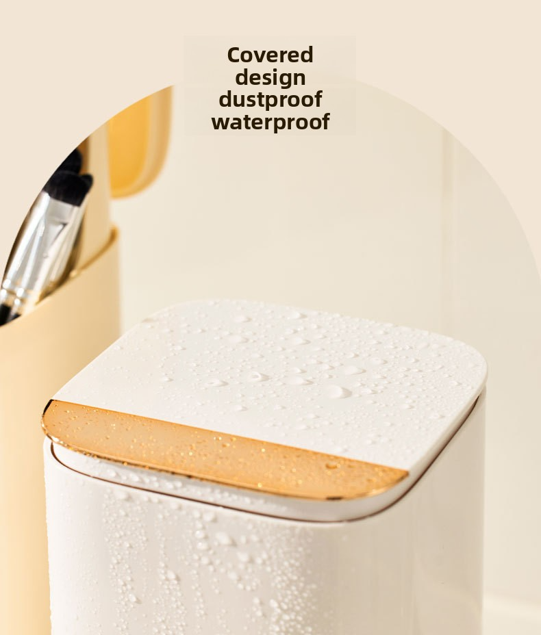 Auto-Rising Makeup Brush Holder – Touch-Control Cosmetic Organizer With Dust-Proof Lid & 12 Slots (Modern Vanity Storage, White/Black/Cream)_voghion.com