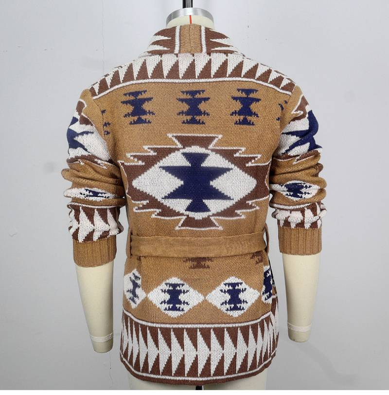 Schwerer Jacquard-Strickcardigan für Herren – Warmer Winterpullover mit offener Vorderseite und Gürtel, lässige Streetwear für Herbst und Winter_voghion.com