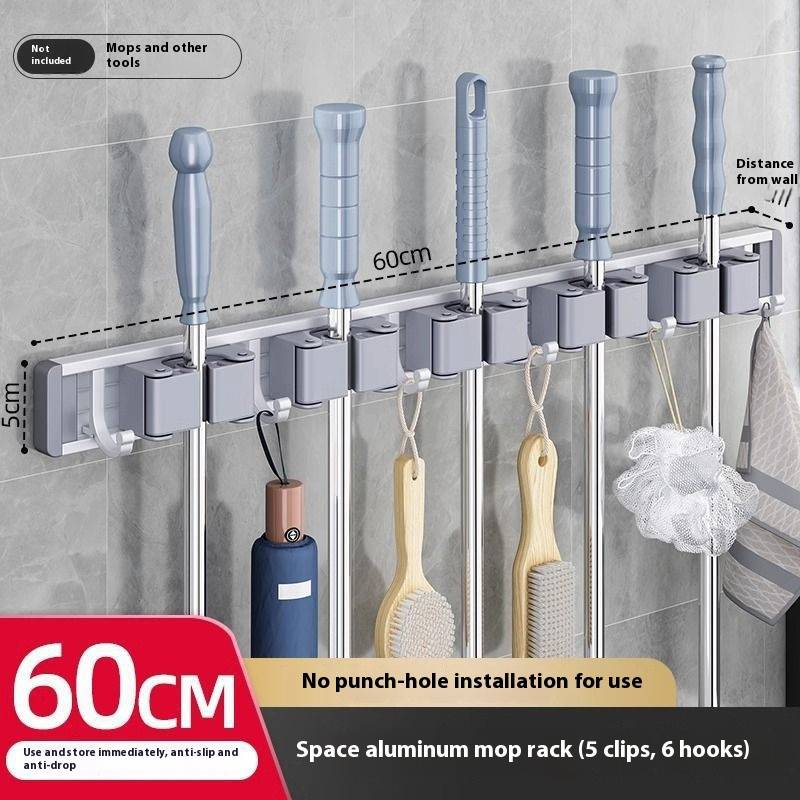 Wandmontierter Besenhalter mit 3 Haken und 2 Clips, platzsparender Mopp-Organizer ohne Bohren, langlebiges Aluminium-ABS für Bad und Küche_voghion.com