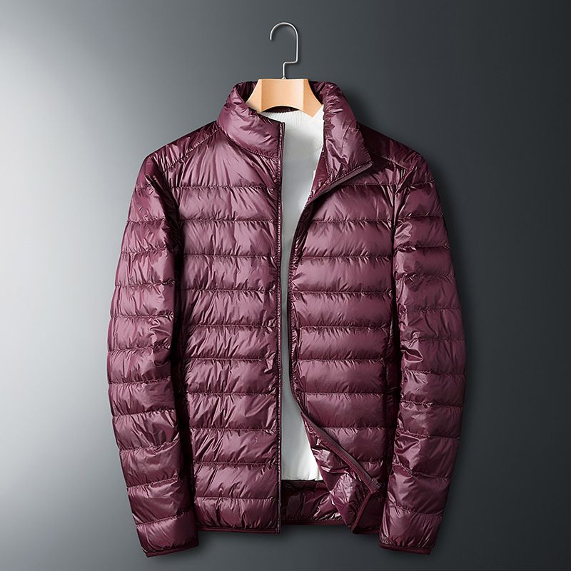 Jaqueta leve masculina de plumas - casaco esportivo slim fit com gola alta, revestimento de nylon resistente à água e enchimento de 50% de lã branca para corrida/ciclismo_voghion.com