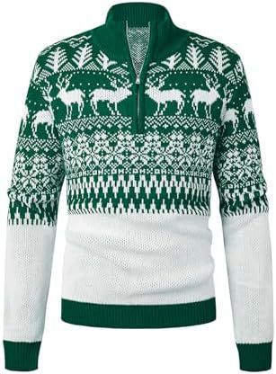 Men's Christmas & Halloween Knit Sweater, Festive Polo Long-Sleeve Top With Reindeer, Pumpkin & Snowflake Jacquard, Breathable Acrylic Pullover_voghion.com