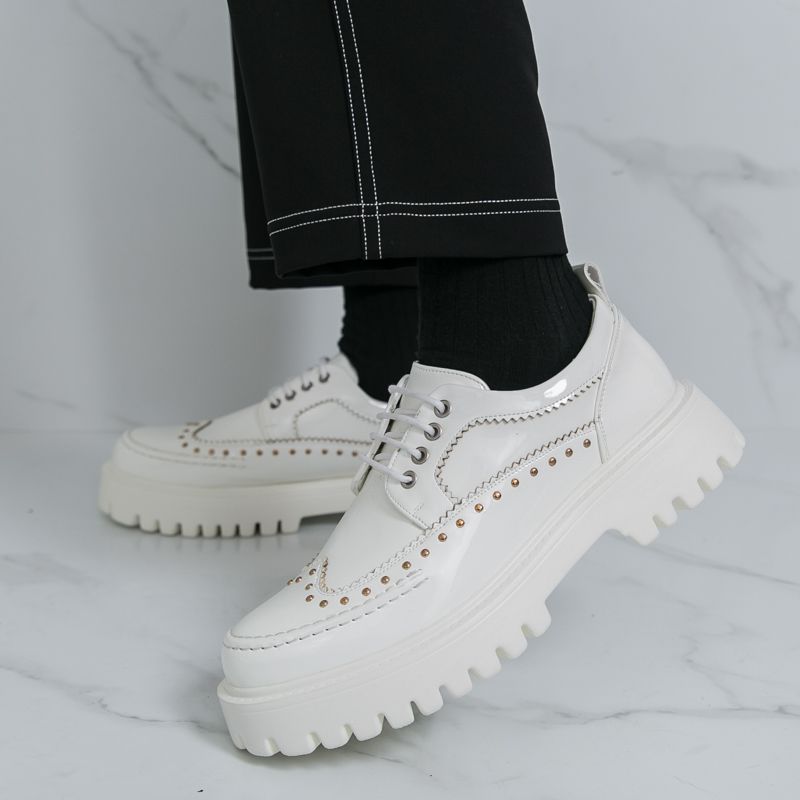 İngiliz Moda Erkek Büyük Baş Siyah Beyaz Renk Bloklu Kalın Taban Yüksek Günlük Erkek Ayakkabıları Bağcıklı İş Ziyafet Düğün Deri Ayakkabılar_voghion.com