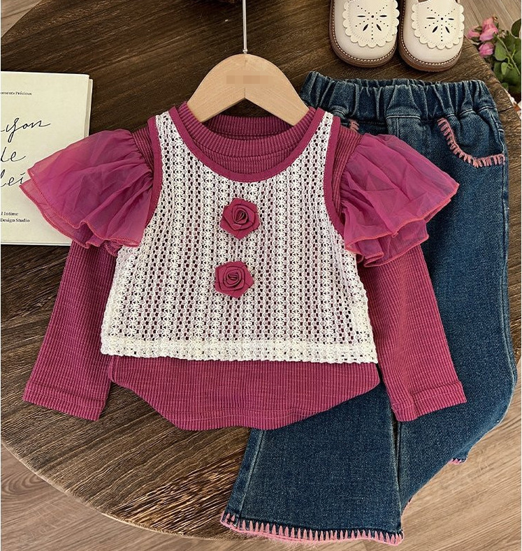 Abbigliamento per bambini Set da tre pezzi con canotta a fiori e jeans per bambina_voghion.com