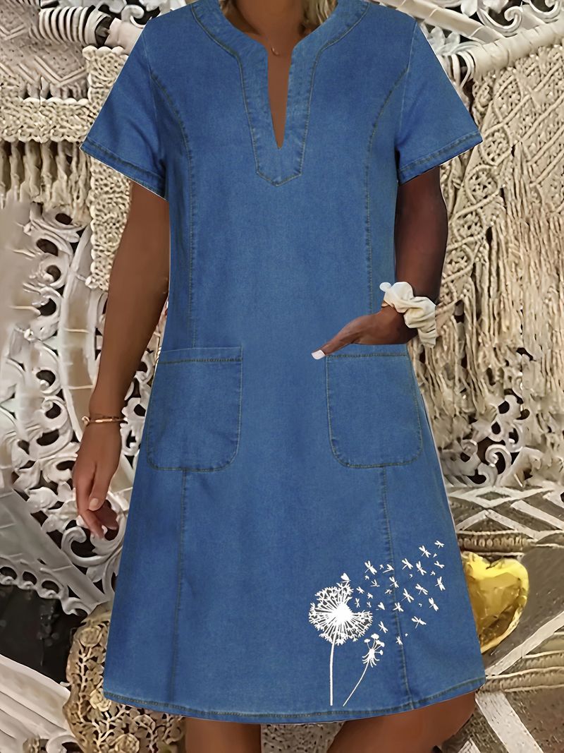 Abito in denim da donna, blu scuro, sottile, con scollo a V, lunghezza media_voghion.com
