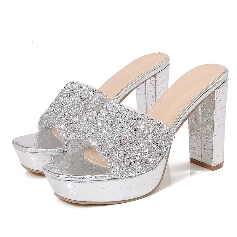 2025 Ladies Bohemian New Fashionable Rhinestone Slippers Korean Version Thick Soled High-heeled Women's Shoes_voghion.com