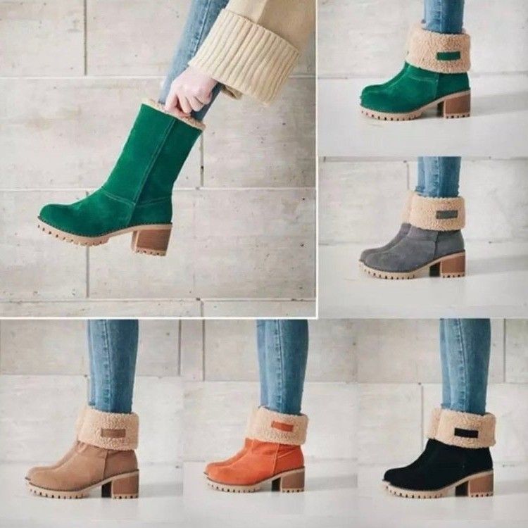 Botas de neve de camurça com salto grosso e cano médio para outono e inverno_voghion.com