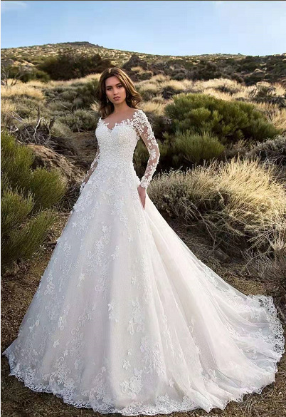 Damenbekleidung Langärmliges One-Shoulder-Brautkleid_voghion.com