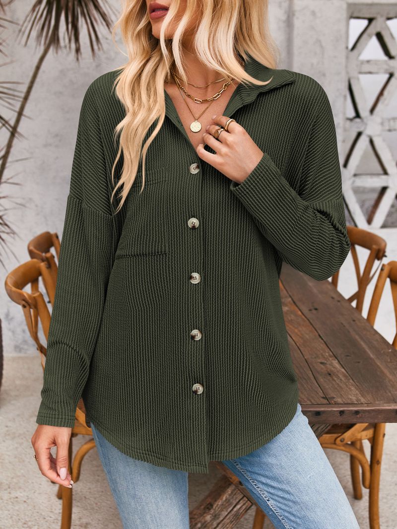 Damenbekleidung neue gestreifte Kontrastfarbe Tasche Langarm Shirt Strickjacke_voghion.com