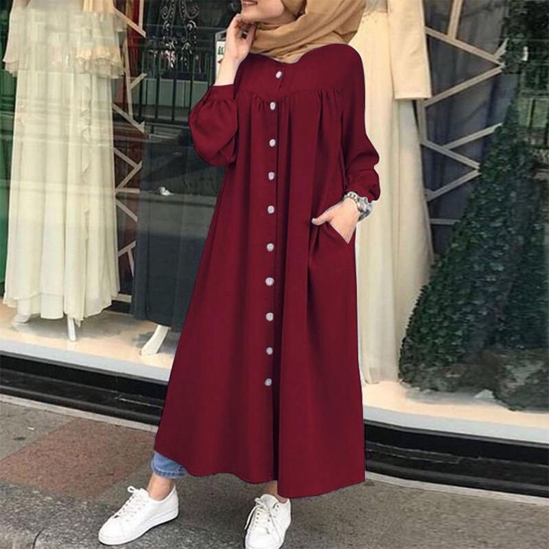 Women's clothing Muslim new solid color long sleeved shirt dress casual pocket robe_voghion.com