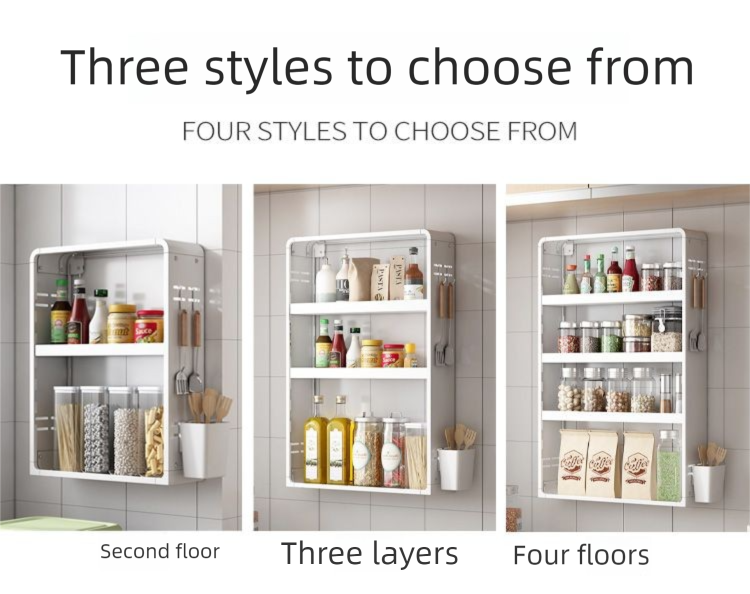 Kitchen Multifunctional Rack Wall-Mounted Adjustable Perforated Wall Spice Jar Storage Cabinet_voghion.com
