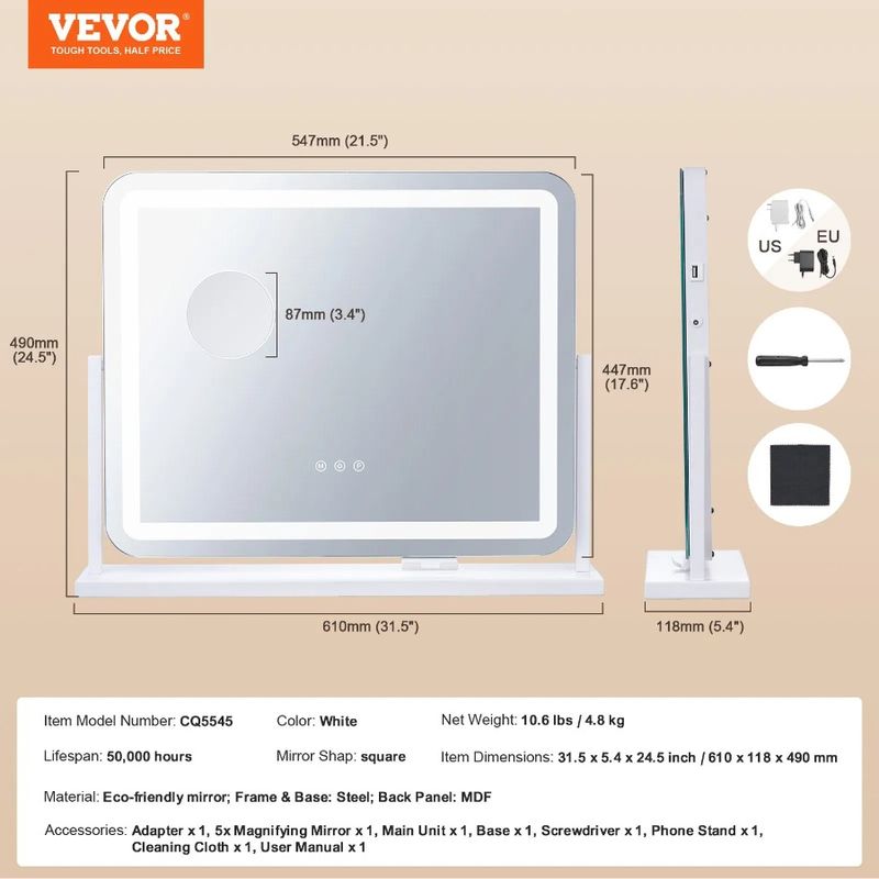 Port Color Lighted Vanity In USB Mirror Makeup W Magnification21.7x17.7 3_voghion.com