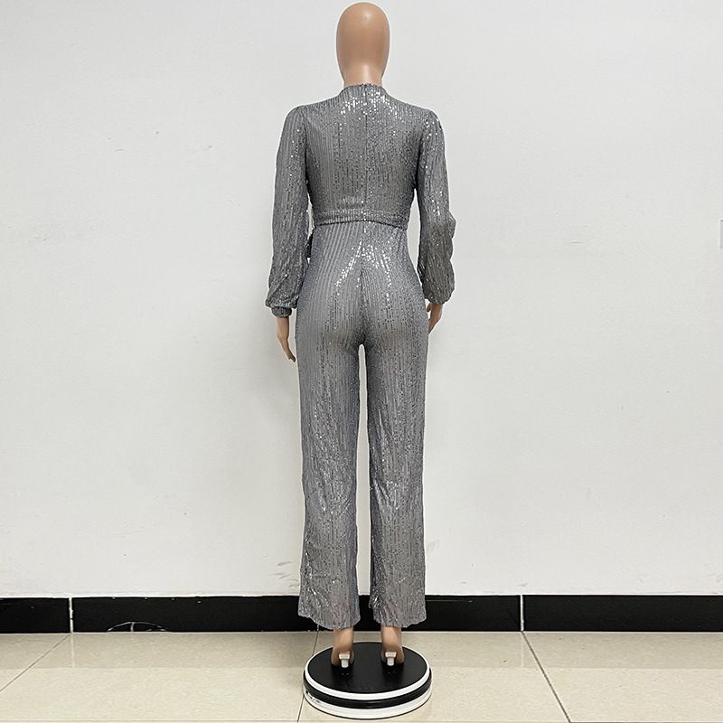 Damkläder Ins Style Deep V Mode Casual Jumpsuit Långärmat Bälte Paljett Jumpsuit Dam_voghion.com