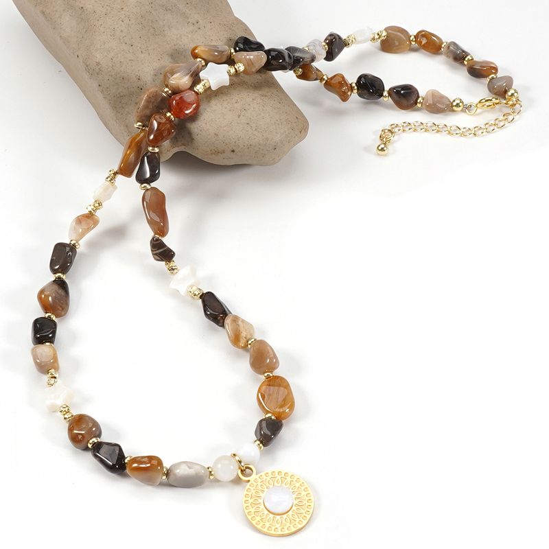 Conjunto de colar e pulseira de pedra natural de opala preta com concha de ameixa e estrela de cinco pontas_voghion.com