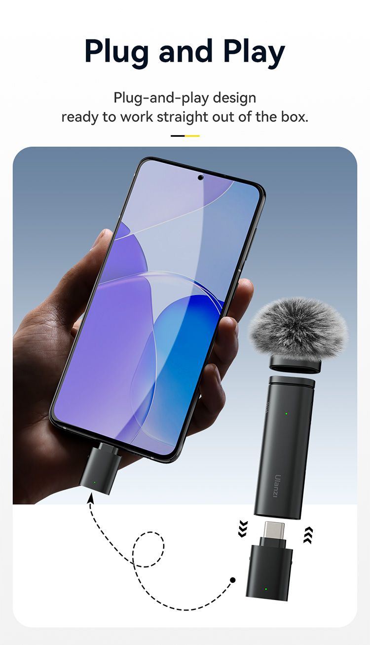 Ulanzi WM-10 vezeték nélküli csíptetős mikrofon 1 mikrofonhoz USB-C Android iPhone-hoz szélálló szivaccsal élő közvetítéshez_voghion.com
