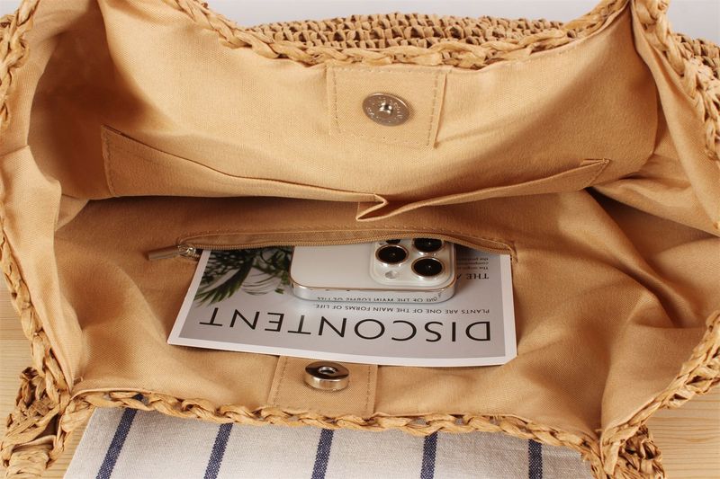 Slouchy Borsa intrecciata a mano in tinta unita Bocca a pieghe Borsa a spalla singola in paglia Borsa per pendolari per le vacanze_voghion.com