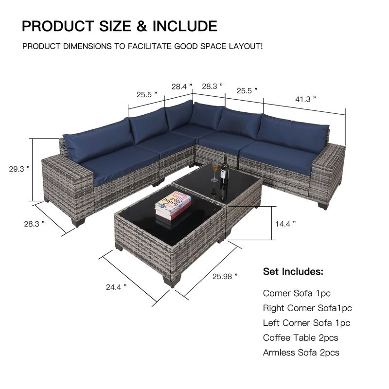 7-Piece Outdoor Patio Furniture Sets, All-Weather Wicker Rattan Sectional Sofa, Modern Two Glass Coffee Table And Washable Seat Cushion(Grey Blue)_voghion.com