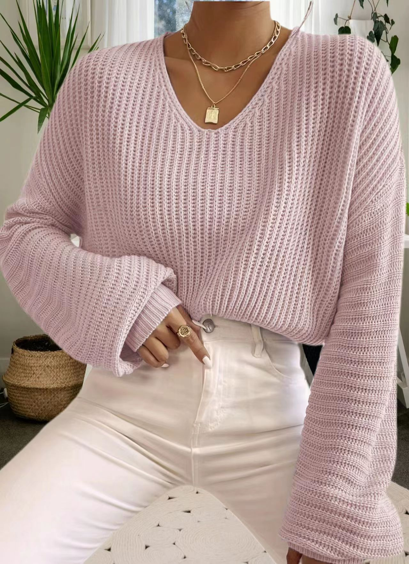 Abbigliamento da donna Maglione lavorato a maglia a maniche lunghe con scollo a V e lanterna per donna_voghion.com