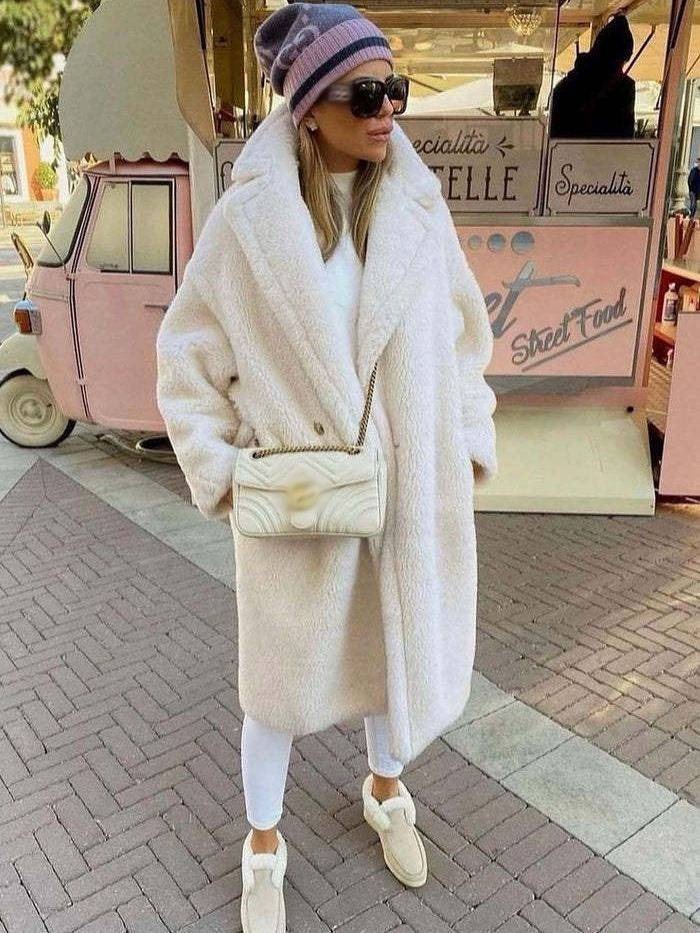 Halflange grote windjack voor dames, lamswollen herfst- en winternieuwe losse jas, effen kleur_voghion.com