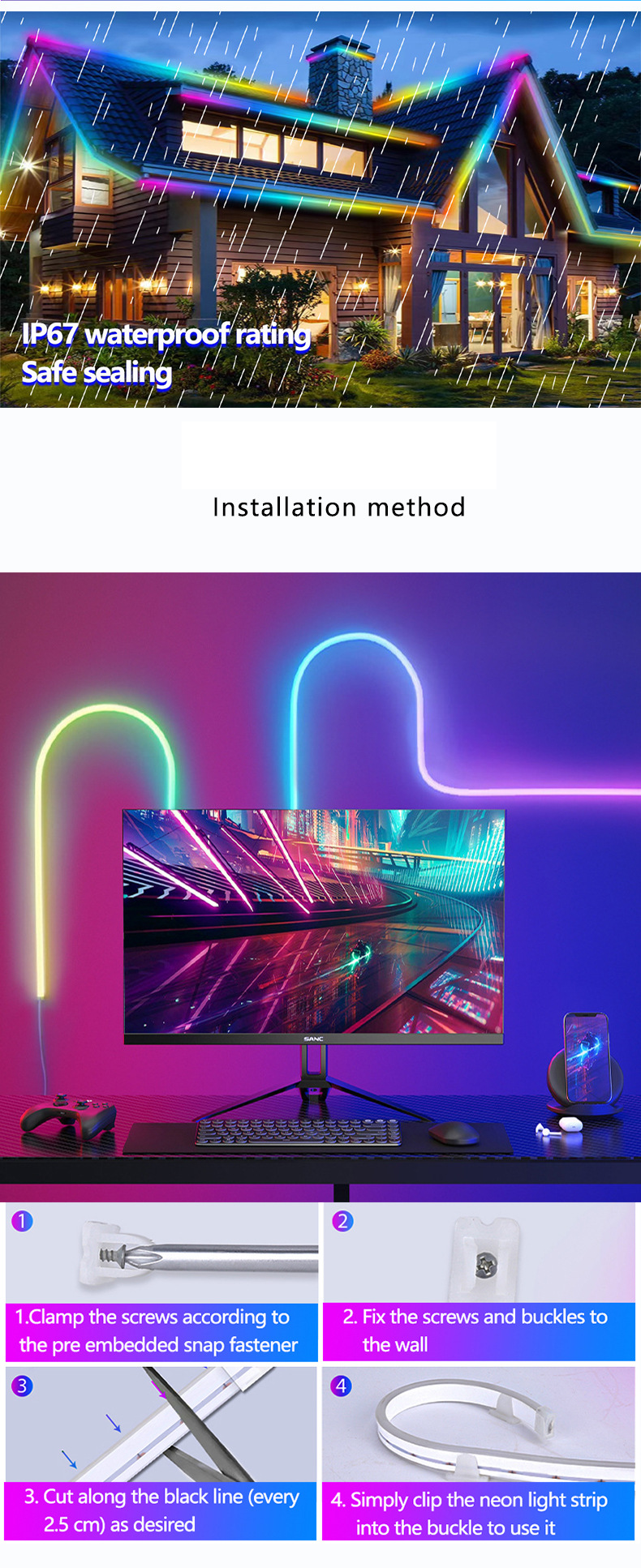 Huis & Tuin Kleurrijke neonverlichting met USB flexibele siliconen DIY vorm slimme luifel Bluetooth-pickup gaming sfeer lichtstrip_voghion.com