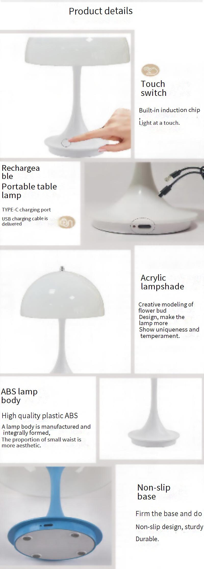 Lámpara de mesa con forma de hongo - Luz nocturna con capullo floral y batería recargable por USB, LED blanco cálido regulable para dormitorio, bar y restaurante._voghion.com
