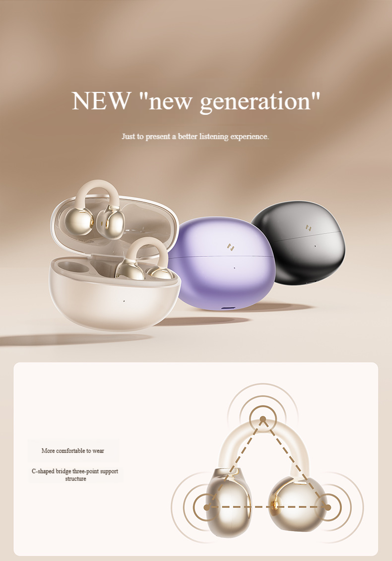 Fones de ouvido Bluetooth OWS Open-Ear – Fones de ouvido sem fio com clipe e redução de ruído, mais de 8 horas de reprodução, à prova d'água IPX4, som estéreo (branco/preto/roxo)_voghion.com