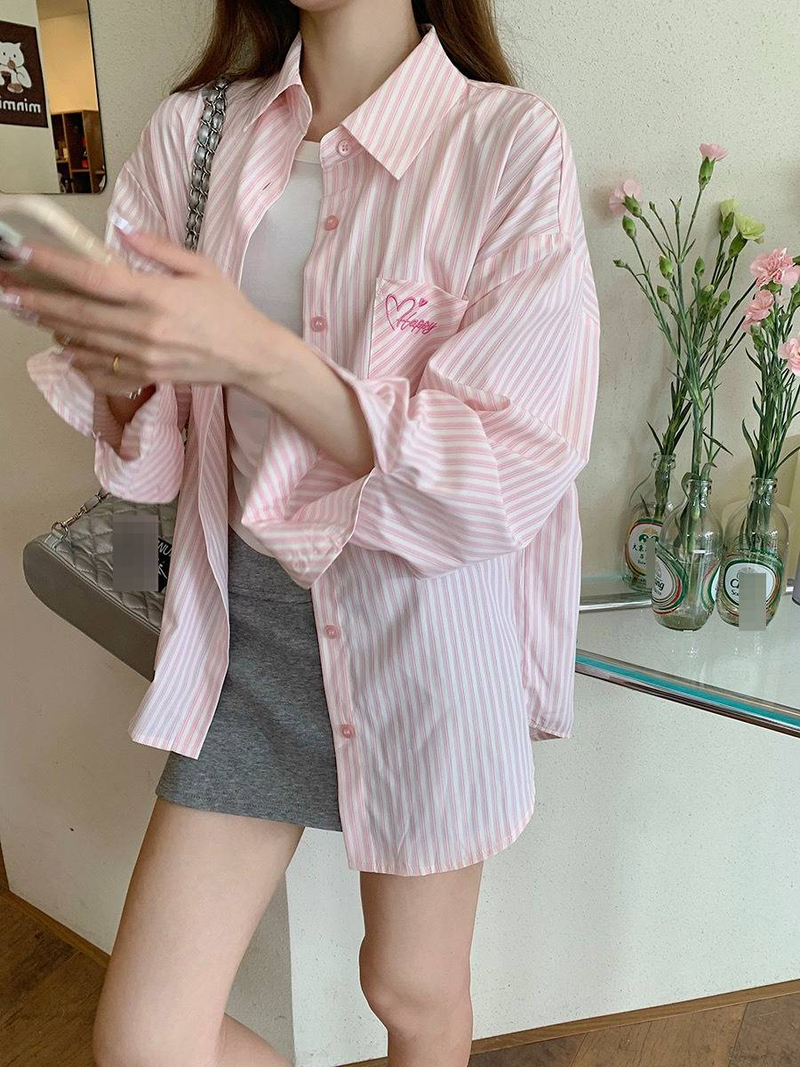K Embroidered Pink Striped Shirt For Women; New Lightweight, Loose, Sun-protective Blouse With Long Sleeves For Casual Wear._voghion.com
