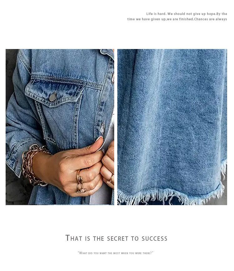 Giacca in denim di ispirazione vintage per donna - Top oversize in chambray blu anticato a maniche lunghe con orlo sfilacciato, essenziale per la stratificazione_voghion.com