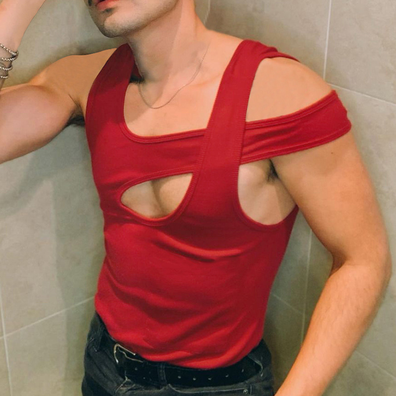 Herenkleding Holle mouwloze basis shirt sexy mannen persoonlijkheid blote schouder hart_voghion.com