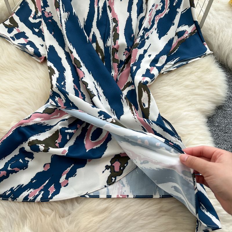 Women's Clothing Two Piece Suit Cross Waist Round Neck Short Sleeves Printed Top High Waist Casual Wide Leg Pants_voghion.com