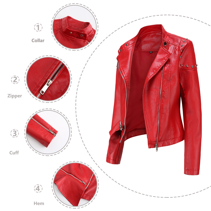 Giacca in pelle con rivetti da donna, nuova moda 2021, con colletto rialzato, tinta unita, primavera e autunno_voghion.com
