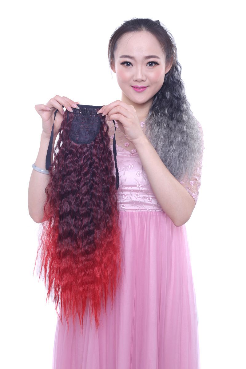 fashion grandma gray wig ponytail color gradient corn perm ponytail long curly hair corn silk tie ponytail_voghion.com